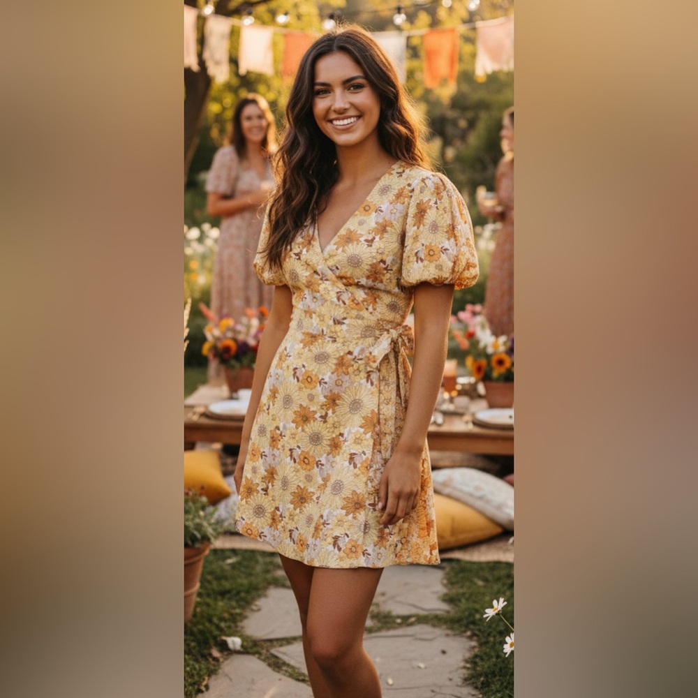 Butter Yellow Sunflower Floral Mini Wrap Dress Puff Sleeve Sz S Garden Party